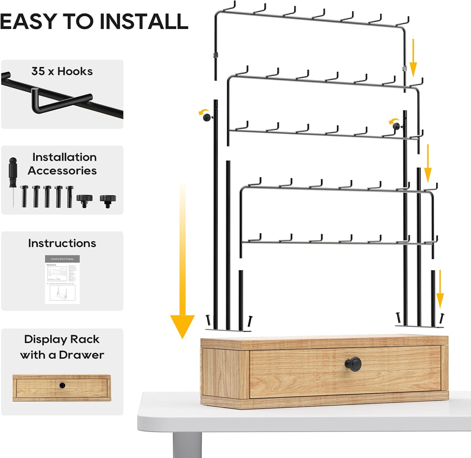 ORLESS 5-Tier Jewelry Display for Vendors, Earring Holder Organizer with Storage Drawer Box, Necklace Display Holder for Selling, Earring Cards Organizer for Bracelets, Rings, Natural Wood(35 Hooks)