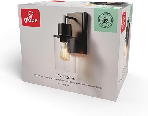 Miniatura 8 de Globe Electric 60000025 Aplique de pared para exteriores de 1 luz, negro mate, acento de madera sintética, pantalla de vidrio transparente, bombilla
