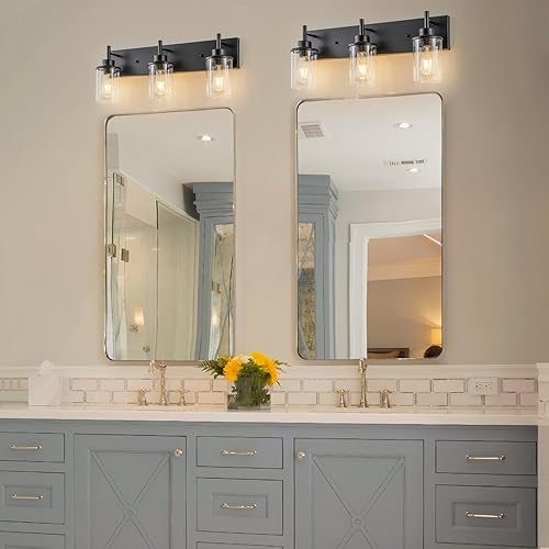 Miniatura 7 de GoYeel Accesorios de iluminación de tocador, aplique de pared negro mate de 3 luces negras con pantalla de vidrio transparente para dormitorio, 3