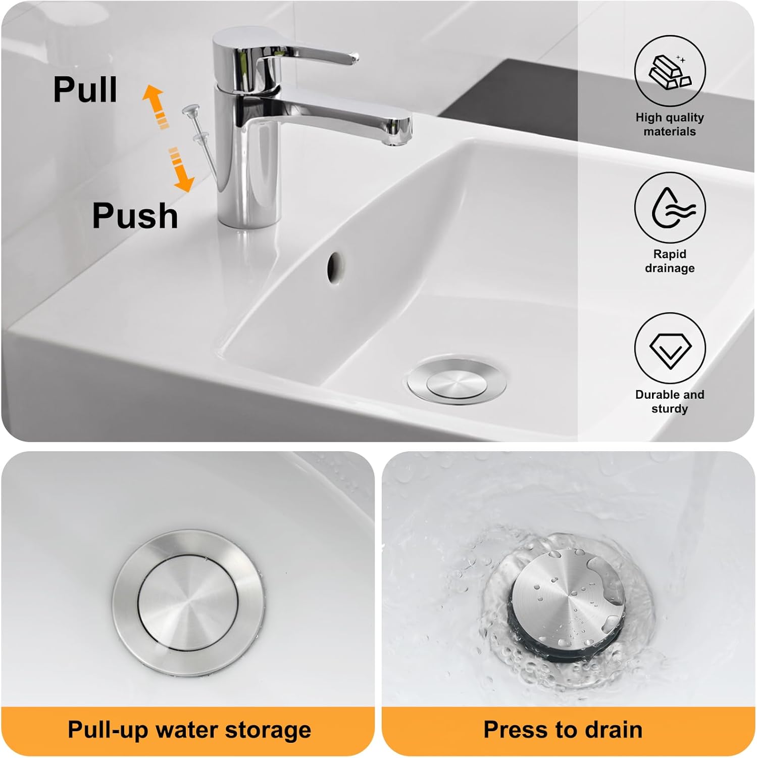 Pop-up Sink Drain Stopper with Lift Rod - Universal Bathroom Sink Drain Kit for Lavatory & Vanity Sink with Overflow, Fit Most US Drains (Chrome)