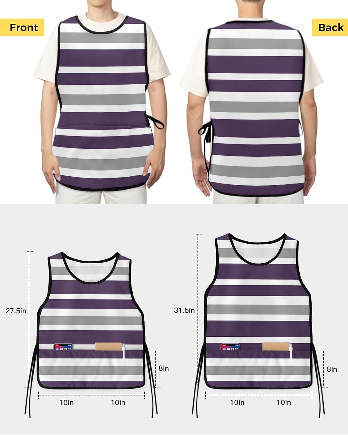 Unisex Cobbler Apron with 2 Pockets, Dark Purple Gray White Stripe Waterproof Vest Kitchen Chef Apron, Smock Apron Vest Cobbler Aprons for Women Men, 2 Pack, 20” x 31.5”