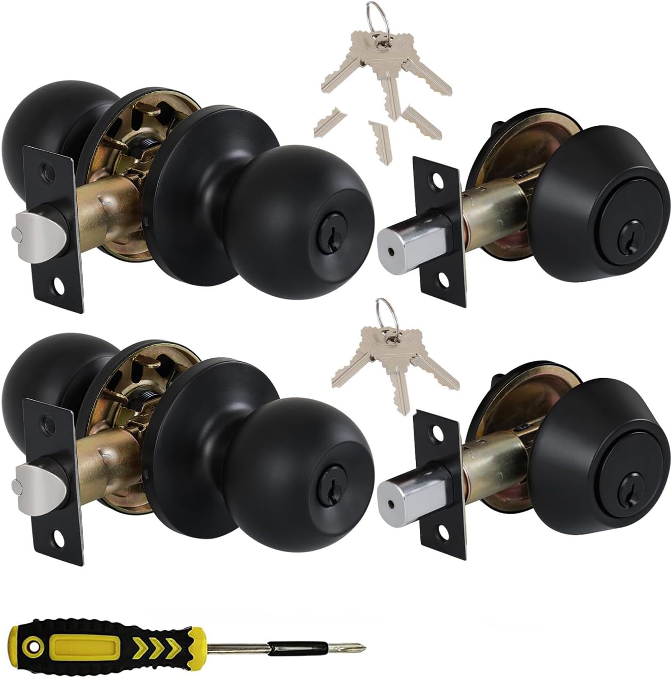 (2 Sets) All Keyed Same Entry Knobs&Single Cylinder Deadbolt for