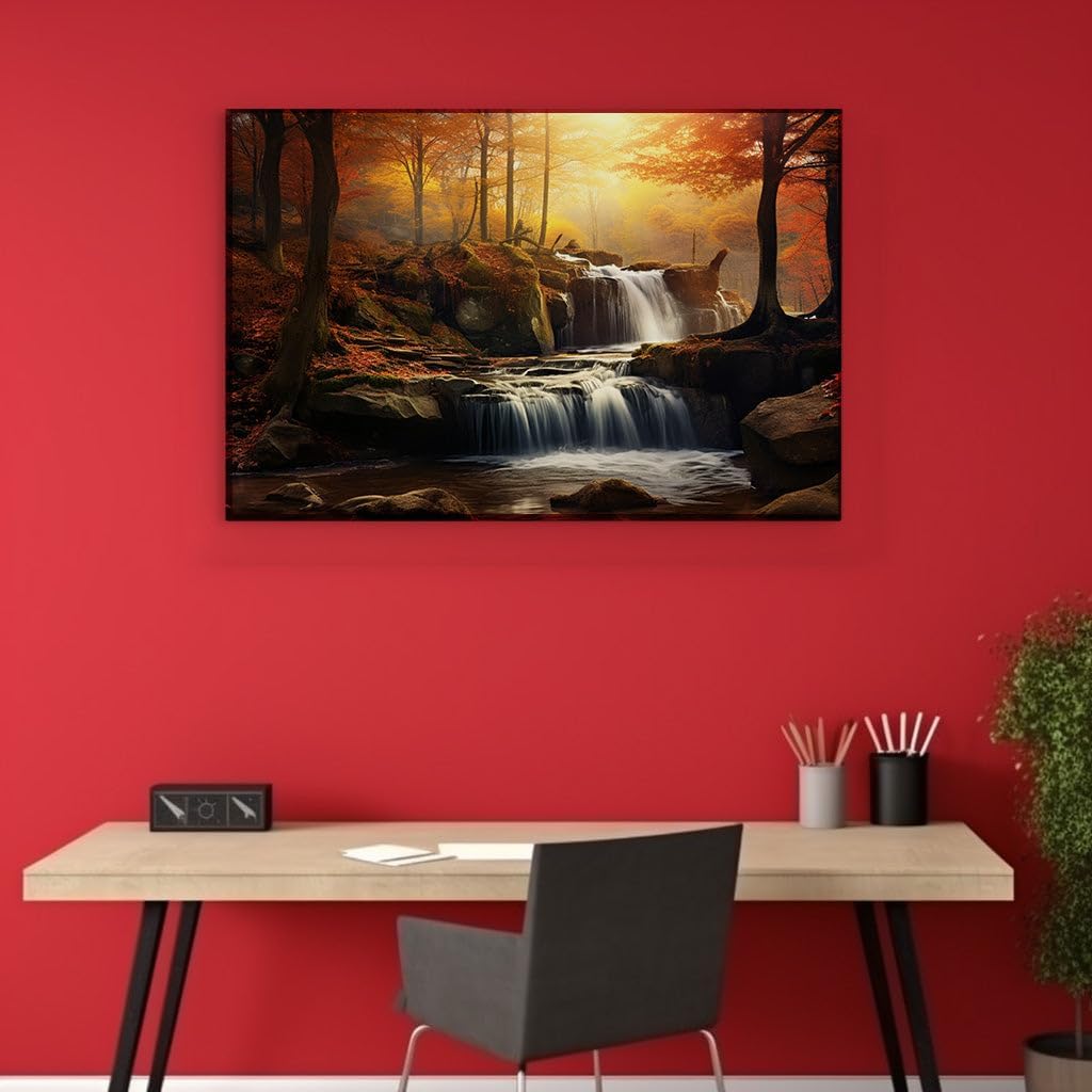 Canvas for Living room. Autumn's Serenade Captured in a Forest Waterfall Oasis, 27 x 18 inch Canvas Wall Art - Contemporary Masterpieces - Modern Home Decor