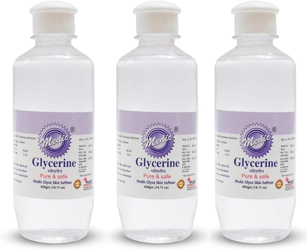 Medic Remedies Pure & Safe, Chemical-Free Liquid Glycerine for Men and Women - Perfect Hair and Skin Moisturizer | Medic Glycerine for Skin, Acne, Moisturiser 400 Gram | Pack of 3