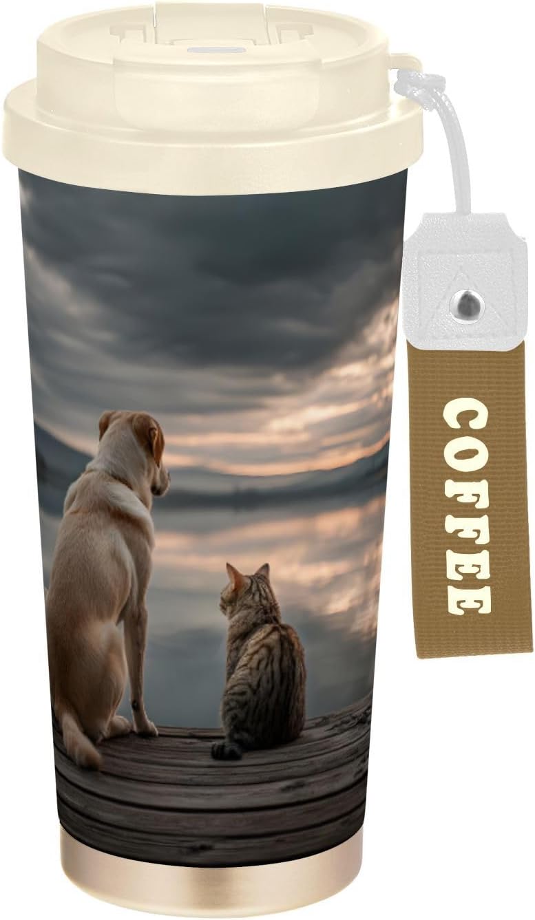 Cat Dog Landscape Insulated Coffee Mug with Straw & Flip Lid, 16.9oz Iced Tumbler Cup, Double Wall Vacuum Mug for Travel Office