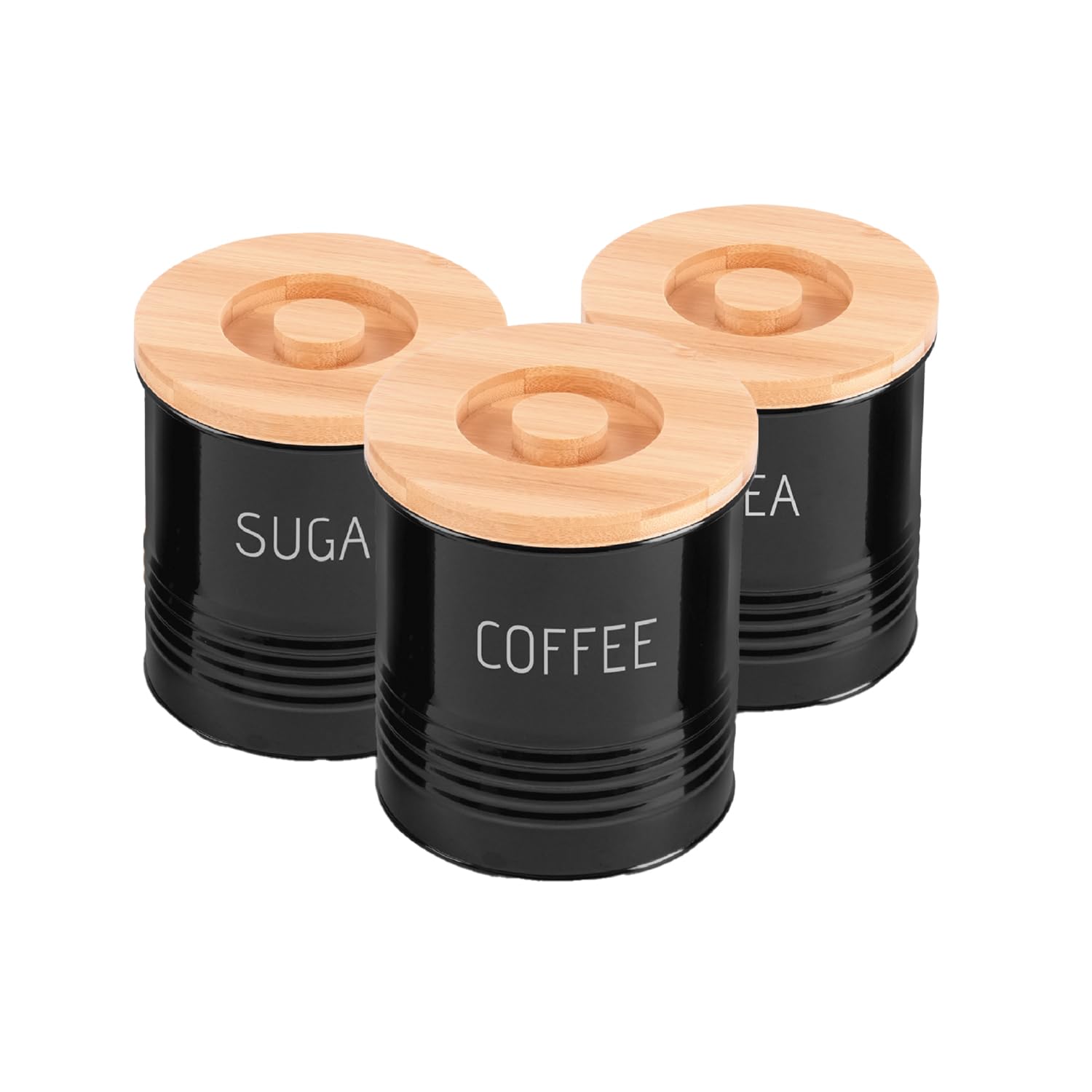 Royalford Tea Coffee & Sugar Canisters Set of 3, Kitchen Canister Set with Airtight Bamboo Lid, Coffee and Tea Storage Metal Container Jars Kitchen Storage Tins, Black