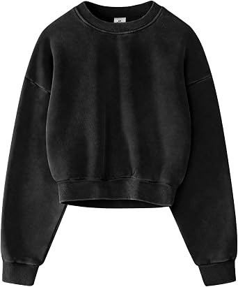 FAIABLE Womens Acid Wash Cropped Sweatshirt Crewneck Oversized Cotton Fleece Heavyweight Vintage Pullover Streetwear