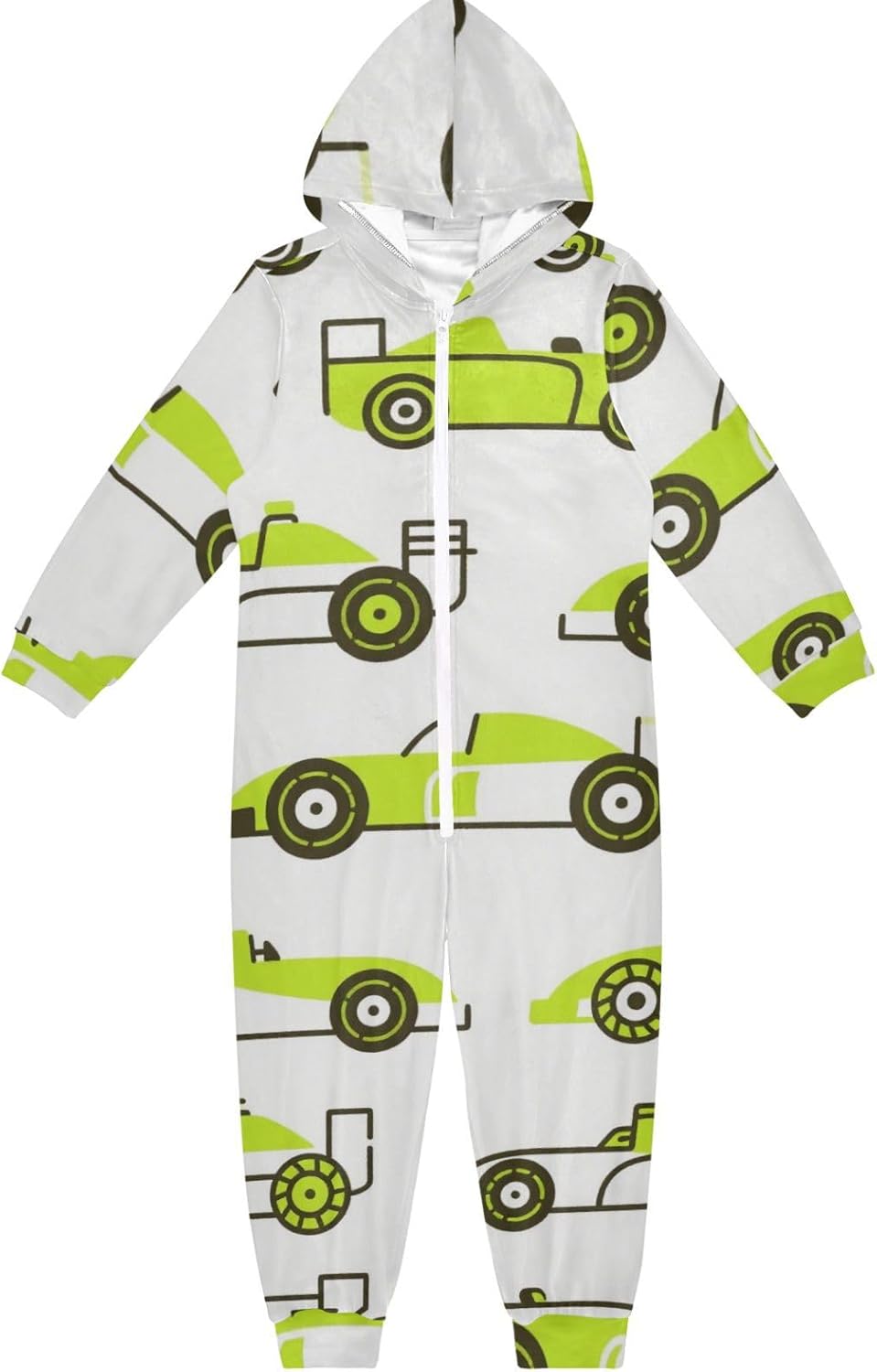 Cartoon Cars White and Lime GreenOnesie PajamasLong Sleeve Hooded Holiday Costumefor Parties Sleepovers