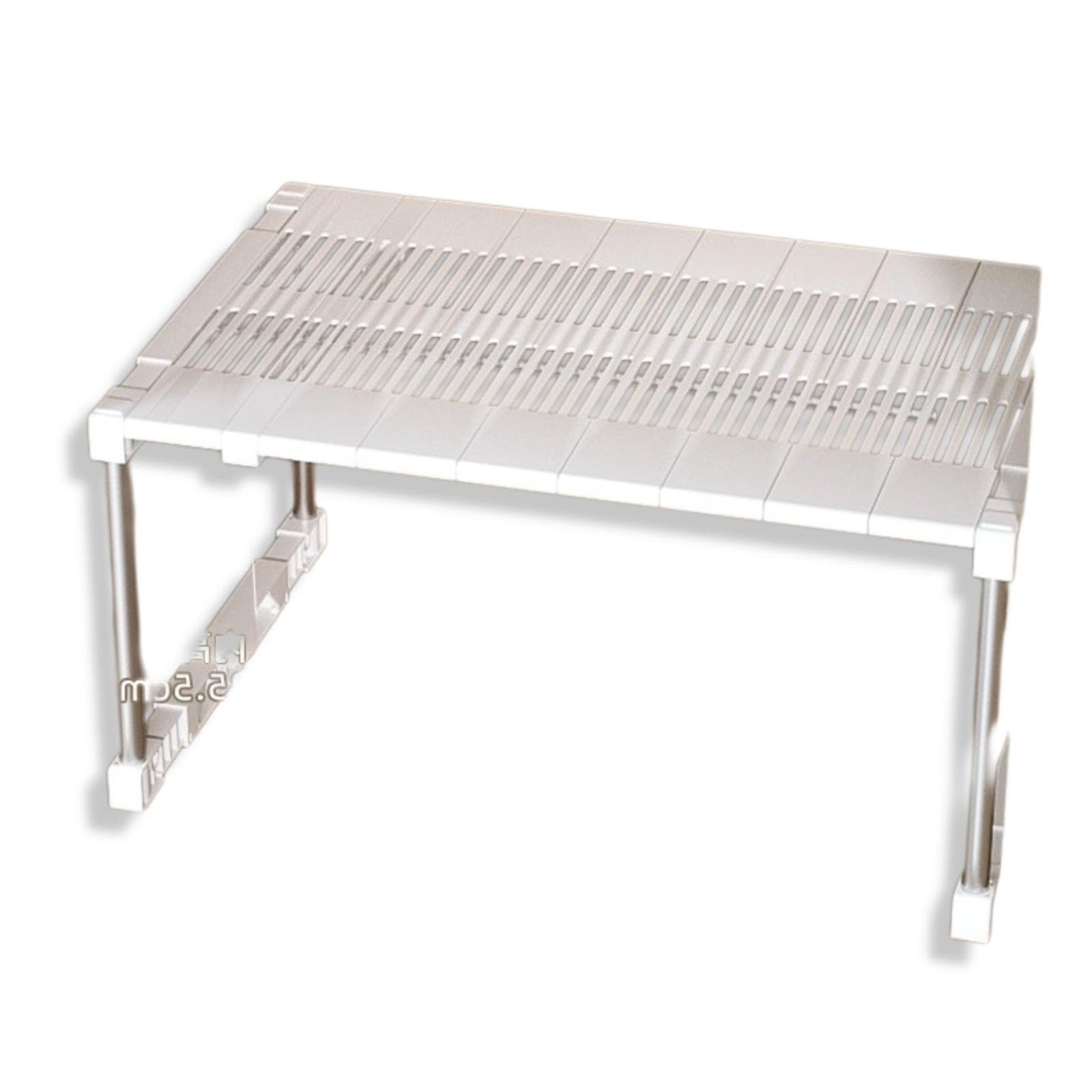 Erweiterbares Schrankregal, stapelbar, Küche, robuste Arbeitsplatte, Erhöhung für Speisekammer, Lagerung, verstellbares weißes Regal, L 40–48 cm, H 28 cm, B 35–45 cm