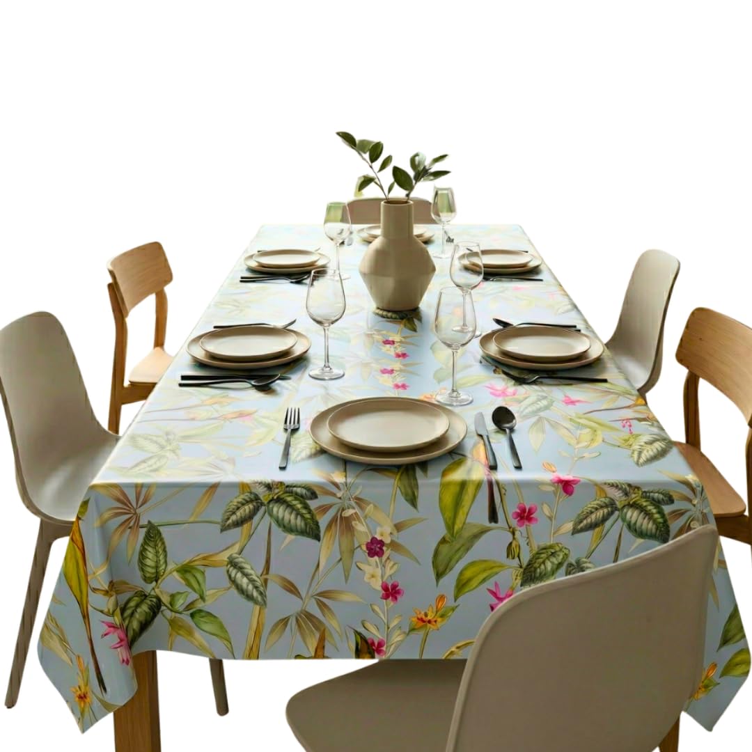 Jolee Tablecloths Wipe Clean PVC Tablecloth 140cmx200cm-Outdoor/Indoor Table Cloth Protector, Waterproof Summer Design, Easy Care Table Cover (Sky Blue Tropical Blue Floral Birds)