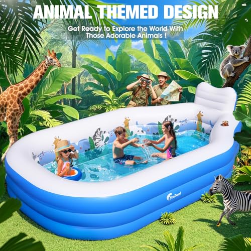Extra Large Inflatable Swimming Pool for Kids and Adults,Thickened Adult Pool for Backyard with Seat and Backrest, Kids Outdoor Blow up Pools,118\"X75\"X20\"Inflatable Pools for Summer (Sky Blue)