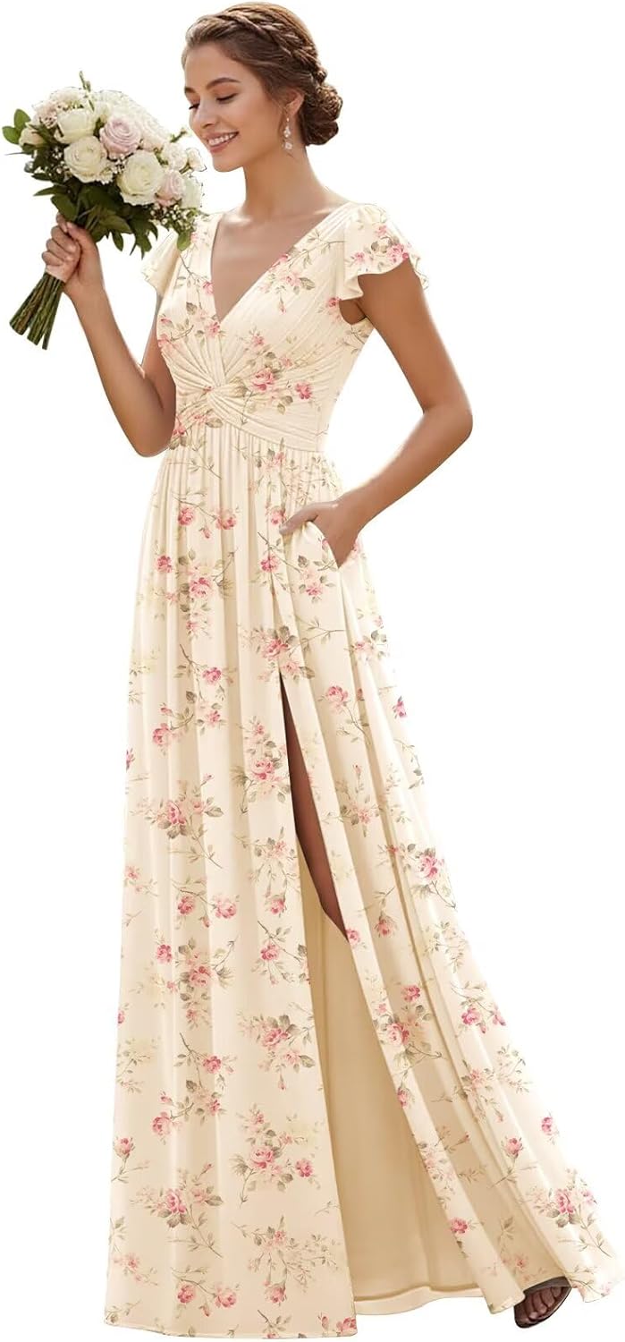 Short Sleeves Chiffon Bridesmaid Dresses for Women Wedding Long Ruched A Line Formal Dresses with Pockets Slit