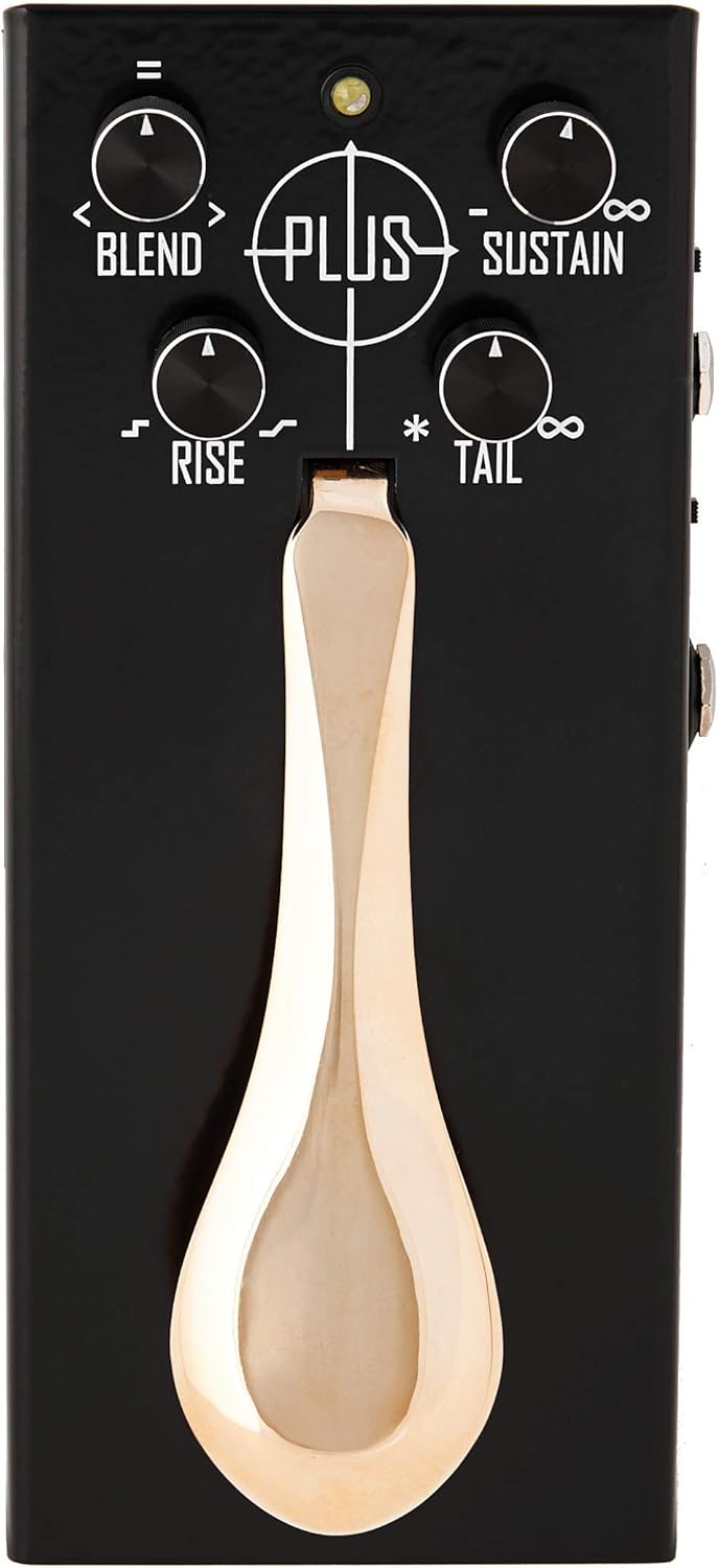 A dalt view of the Gamechanger Audio Plus Pedal with its piano-style sustain pedal and four control knobs: Blend, Sustain, Rise, and Tail.