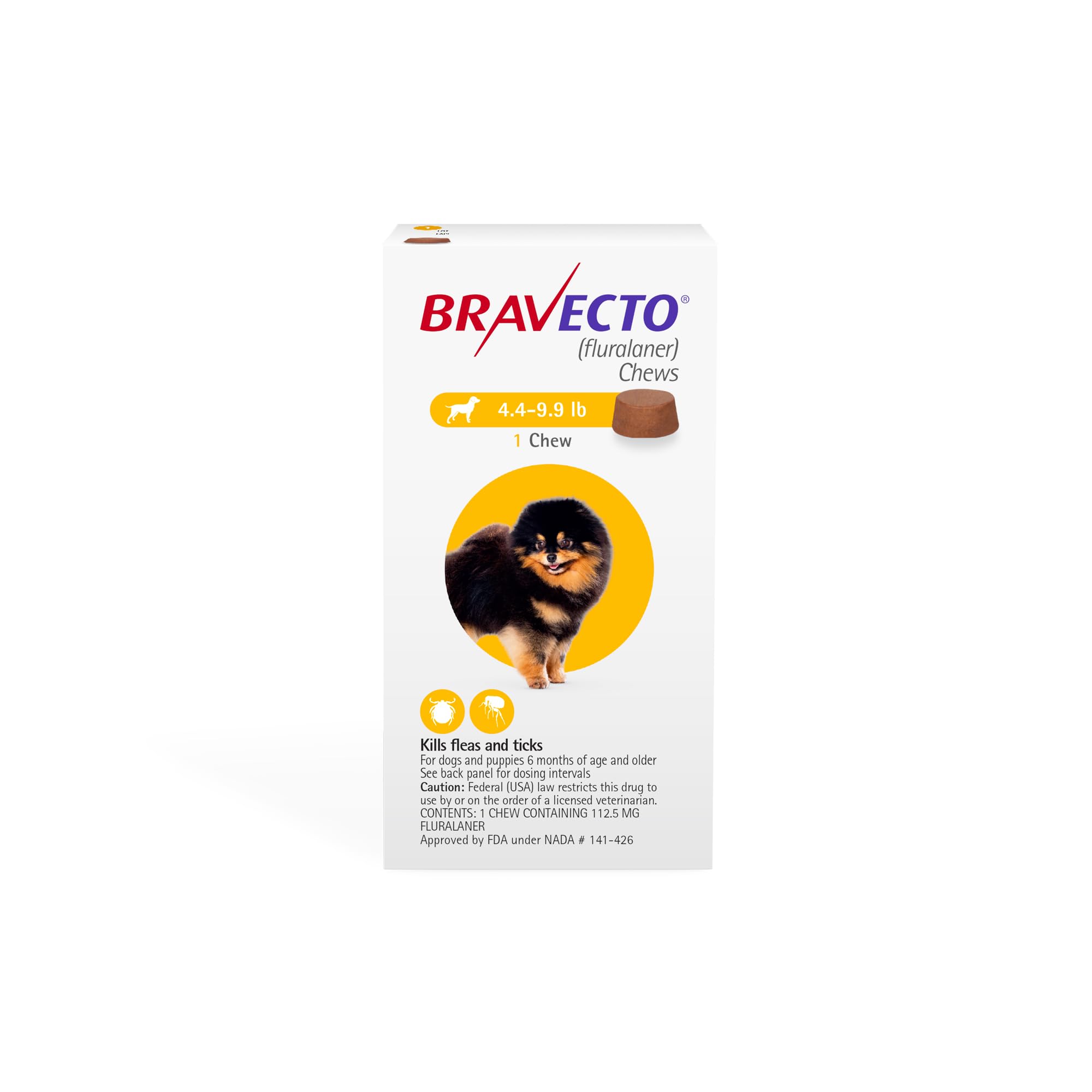 BRAVECTO Chew for Dogs, Flea & Tick, 1 Chew, 12 Week Supply, 4.4-9.9 lbs., Yellow Box