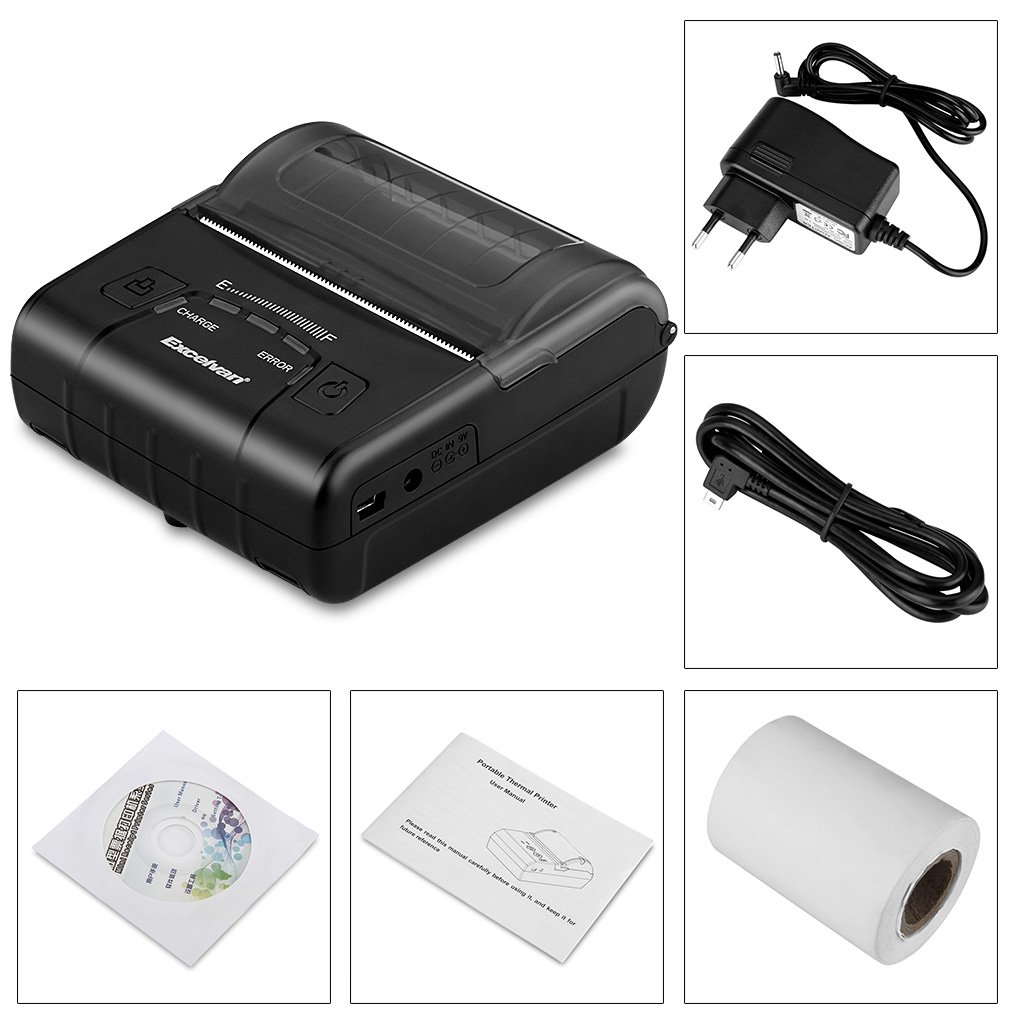 Strana view of the EXCELVAN E300 printer showing the DC IN 9V charging port and the USB port, with an instruction to use the power cable for charging.