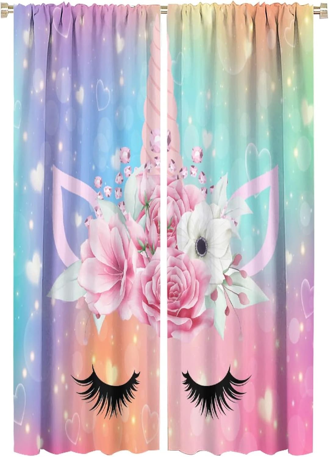 Colorful Unicorn Curtains Fantasy Animal Rainbow Floral Star Kids Girls Bedroom Decor Printed Rod Pocket Blackout Window Drapes for Living Room Kitchen W42 x L63