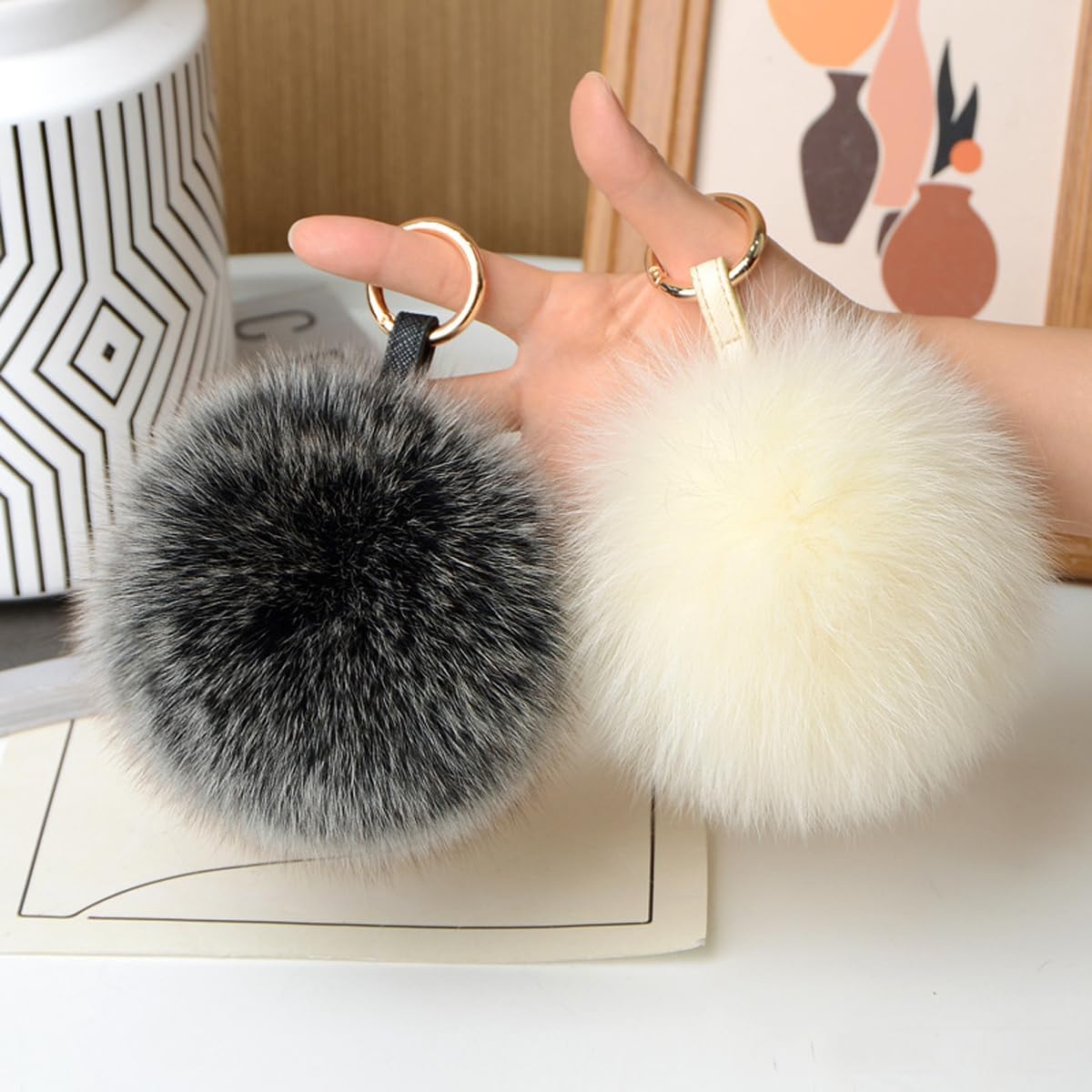 Queenbox 5.5in Faux Fur Ball Pom Poms Keychain, Soft Fluffy Ball Pompom Keyring for Car Key Handbag Purse Pendant, Red Coffee