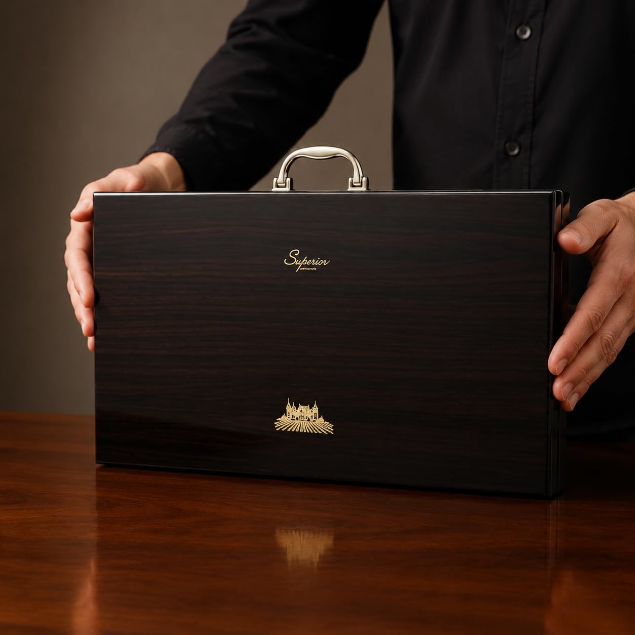Scatola per Vino in Legno di Ebano o Sandalo Rosso, Cassetta Legno per 6 Bottiglie, Confezione Regalo Vino con usura in Metallo