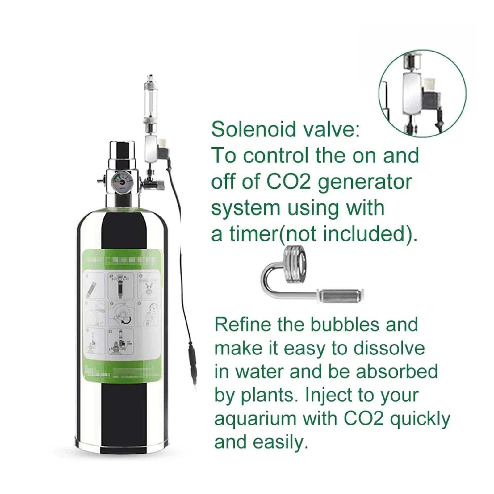Kit de Sistema generador de CO2 de Cilindro de Acero Inoxidable for Acuario, con válvula solenoide, difusor de Burbujas, Reactor de dióxido de Carbono(2L)