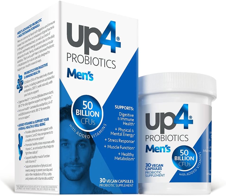 up4 Men’s Probiotic Supplement, 50 Billion CFUs, with Vitamin C, VIT. D, VIT. B6 & VIT. B12, Digestive + Immune Support*, Promotes a Healthy Metabolism & Muscle Function*, Non-GMO