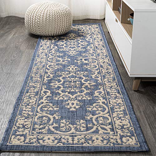 JONATHAN Y Filigree Indoor Outdoor Runner Rug 2X8 Blue/Beige, Galon for Backyard, Patio, Porch, Easy-Cleaning, High Traffic, Pet-Friendly, Non-Shedding (SMB120A-28)