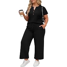 HDLTE Plus Size Two Piece Sets Women Casual Travel Lounge Matching Sets | 2 Piece Sets for Curvy Women,Short Sleeve Tops And Ankle Length Wide Leg Pants,V Neck with Button,Airport Vacation Casual