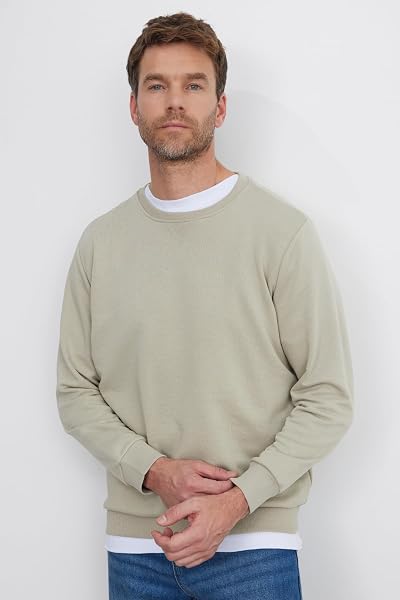 TUDORS Relax Fit Rahat Kesim%100 Pamuk Basic Bisiklet Yaka Sweatshirt, S, SW230001-01, Taş, erkek