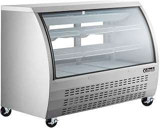Xiltek 65" All Stainless Steel Deli Display Case with LED Lighting, Curved Glass Refrigerated Meat and Seafood Showcase, Bakery Case and Casters