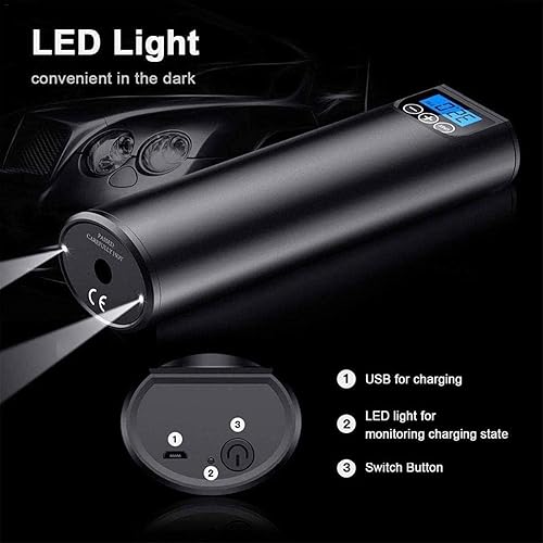 Miniatura 4 de CAFFIA Compresor de aire portátil Mini inflador de aire bomba de neumáticos de mano 2000mAh con luz LED LCD digital 12V AC DC batería de litio