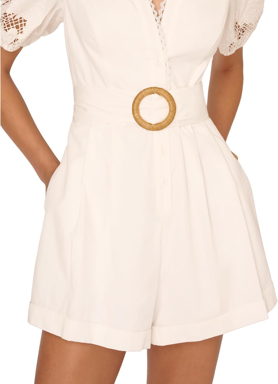Adrianna Papell Lasercut Puff Sleeve Romper