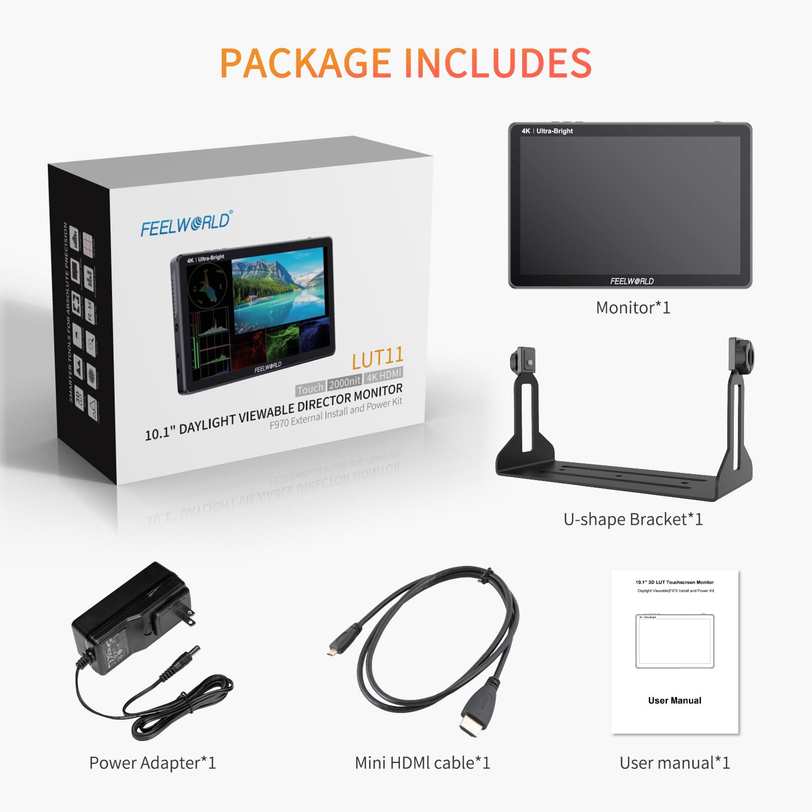 FEELWORLD LUT11H Camera Field Monitor 10,1 pollici touch 2000 nit ultra luminoso per reflex digitali con forma d'onda LUT F970 Kit di installazione e alimentazione Uscita ingresso HDMI
