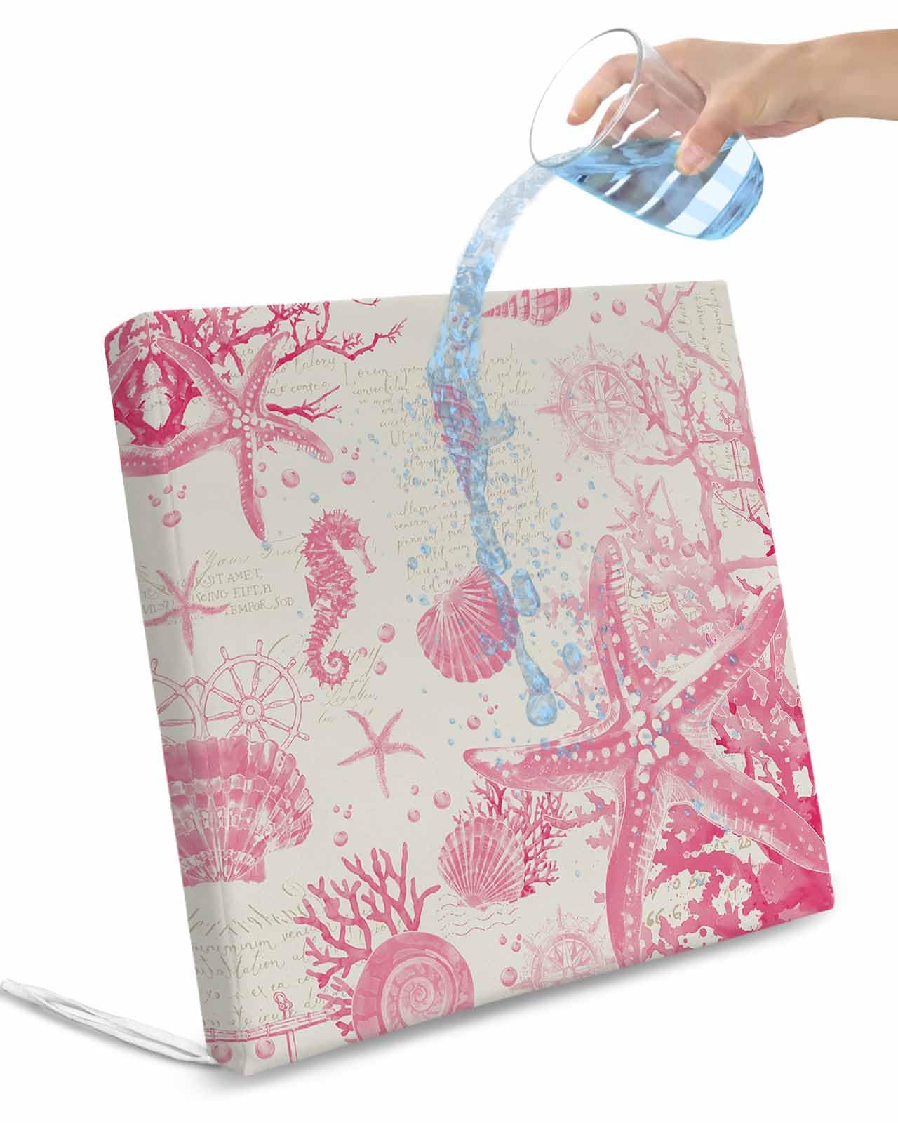 2 Pack Pink Coastal Starfish Waterproof Cushion Covers with Ties, Outdoor Patio Chaise Lounge Chair Seat Cushion Slip Covers Replacement(Only Cover) Nautical Beach Conch Seashhells 22