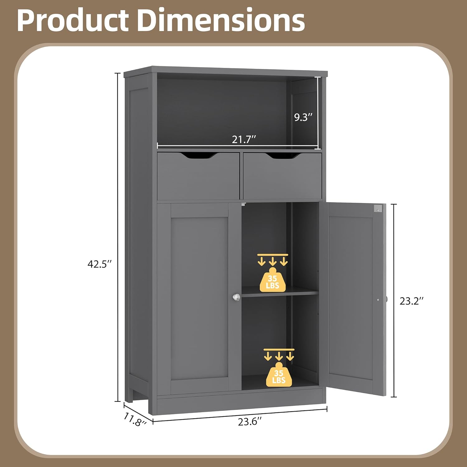Diagram showing the dimensions of the Walsunny Floor Storage Cabinet: 42.5 inches height, 23.6 inches width, 11.8 inches depth. Also indicates 35 lbs weight capacity per shelf.