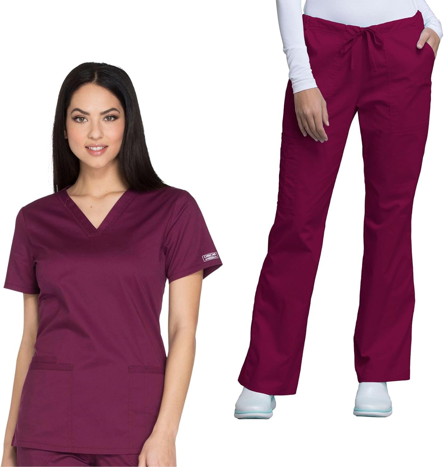 Cherokee Women's Scrub Set 3 Pockets V-Neck Top WW630 With 4 Pocket Mid Rise Drawstring Cargo Pant 4044