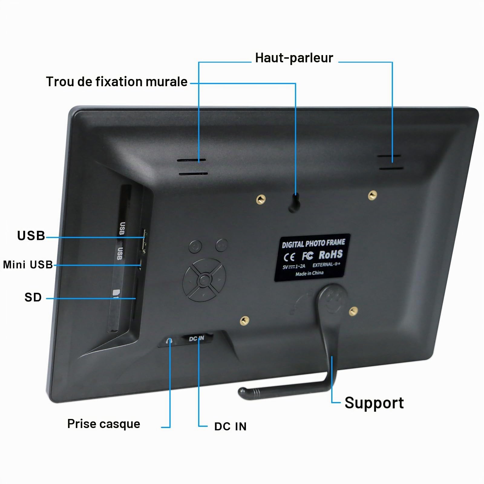 TSITSC Cadre photo numérique de 10,5 pouces, écran IPS 1280 x 720, calendrier, fonction horloge, musique, photo, lecteur vidéo avec télécommande, prend en charge les cartes USB/SD (noir)