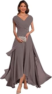 Tea Length Mother of The Bride Dresses for Women Cap Sleeves Chiffon V-Neck Pleated Wedding Guest Dress
