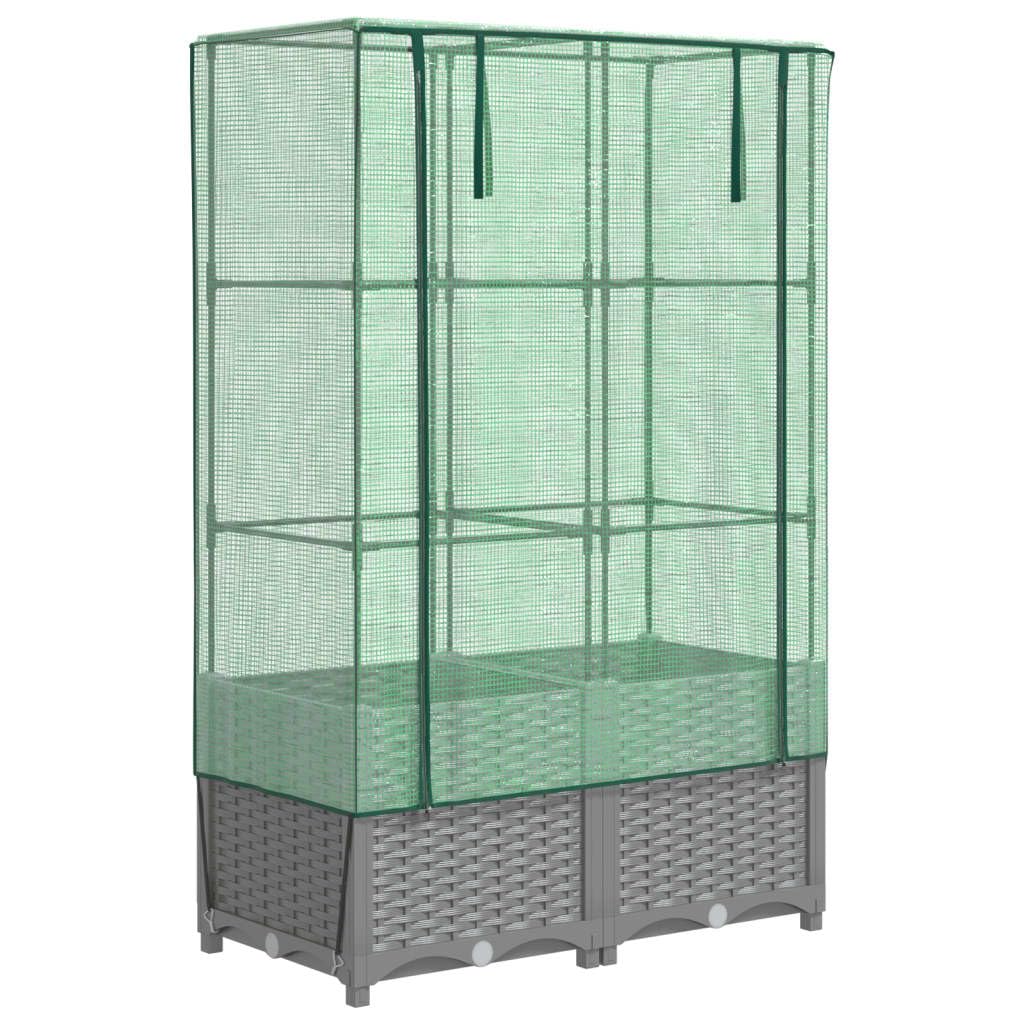 Homgoday Hochbeet mit Gewächshaus-Aufsatz Pflanzkasten Gemüsebeet Blumenbeet Blumenkasten Gartenbeet Pflanzbeet Frühbeet für Balkon Garten Terrasse Rattan-Optik 80x40x138 cm Hellgrau
