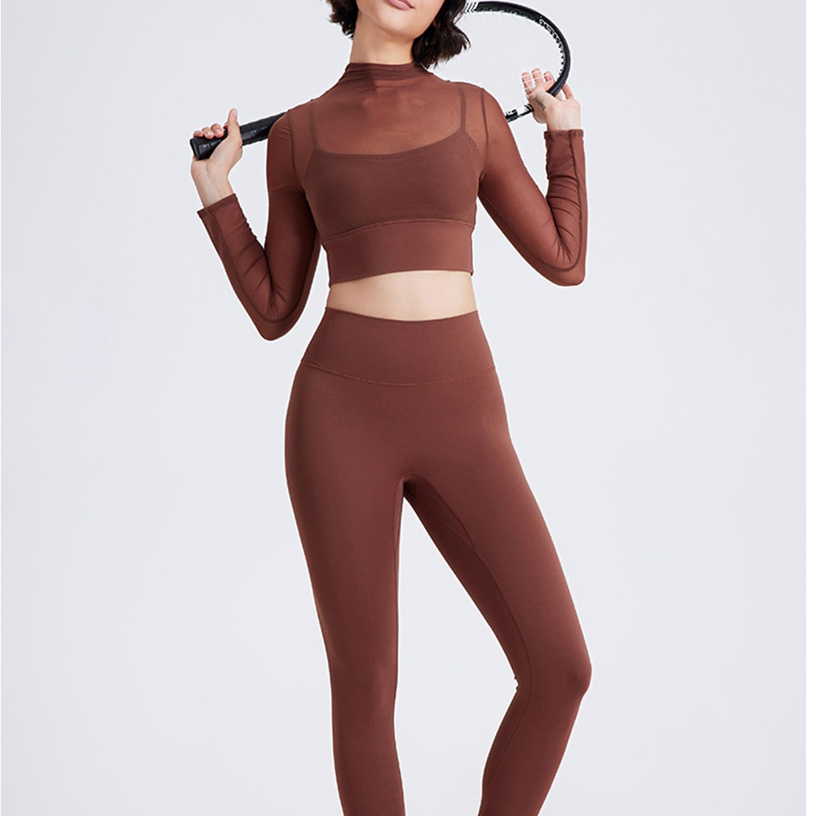 Top corto da donna a maniche lunghe, trasparente, doppia fodera, aderente, casual, per allenamento, palestra, yoga, camicetta