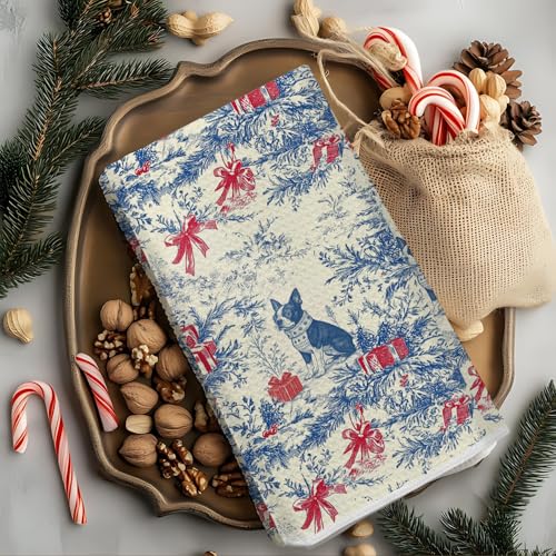 Image of Christmas Blue red Boston Terrier Kitchen Towels, Vintage Dog Lover Gifts Dish Tea Towels for Kitchen, French Chinoiserie Holiday Decorative Hand Towel for Bathroom, 16x24 Inch
