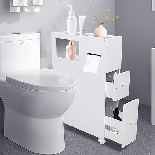 Miniatura 1 de Estantes esquineros blancos de 4 niveles, gabinete de almacenamiento de baño delgado y estrecho con cajones, organizador de espacio pequeño para