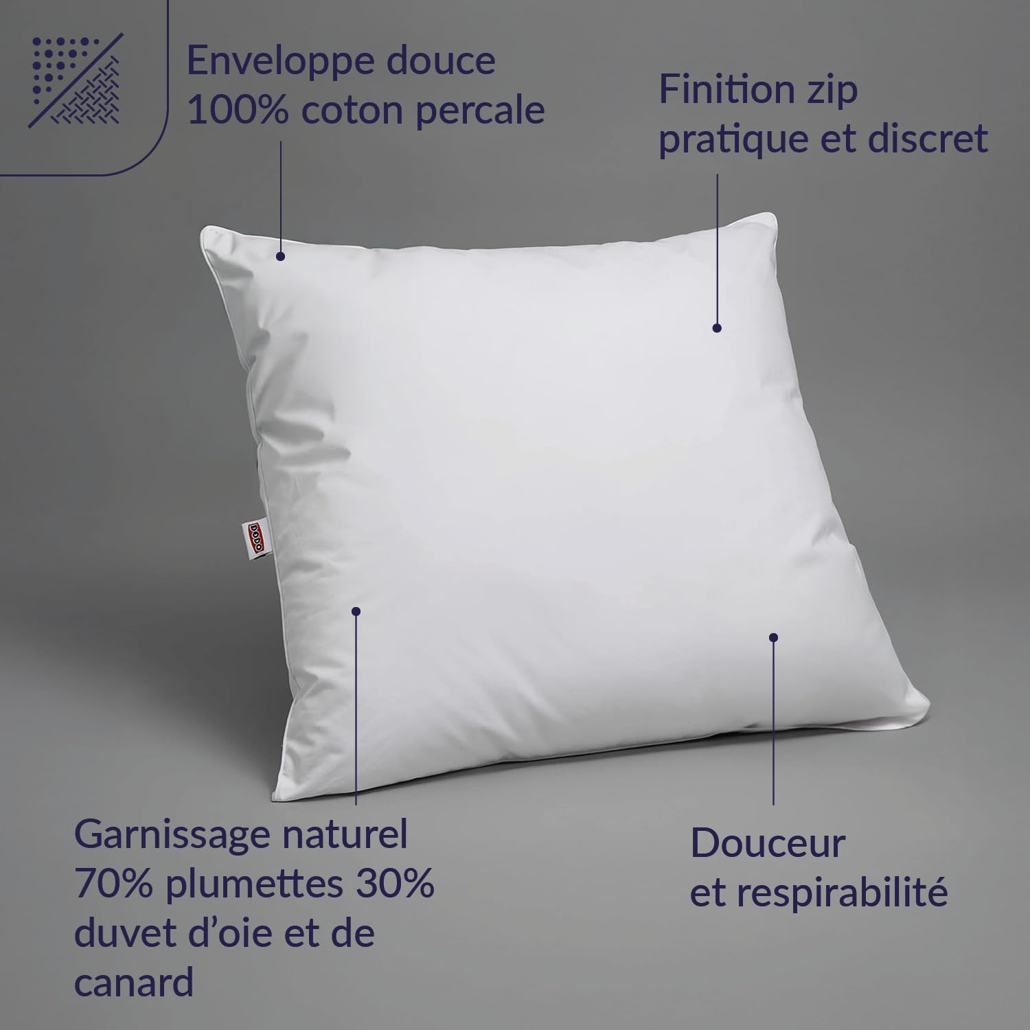 DODO - Oreiller Naturel Anti-acariens 65x65 cm - Confort Médium, Zip Invisible - Enveloppe 100% Coton Percale - Garnissage 30% Duvet 70% Plumettes - Lavable en Machine à 40°C
