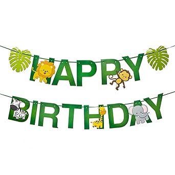 Festiko 1 pcs Birthday Banner Safari Animal Party Decoration, Jungle Animals Party Banner, Jungle Wild Safari Zoo Woodland Garland Forest Theme Birthday Party Supplies Decorations, Green