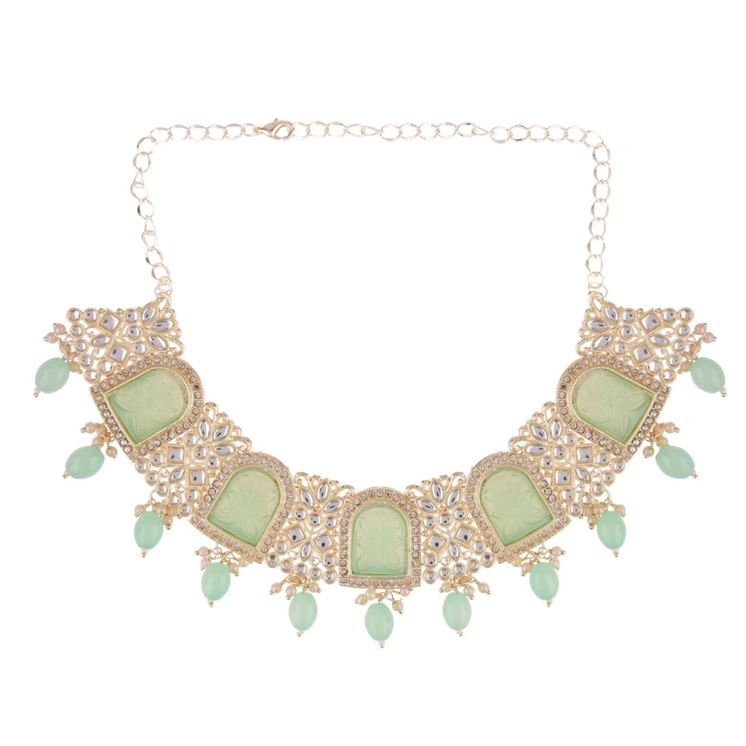 EfulgenzIndian Jewelry Sets for Women Choker Necklace Chandbali Earrings with Maang Tikka Earrings Set Indian Bridal Jewelry Set for Wedding Crystal Stone Faux Pearl Necklace Fashion Bollywood