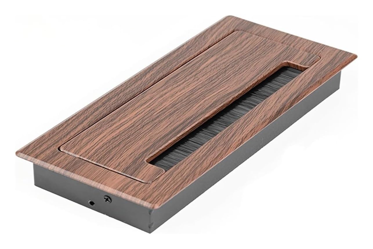 Przepust kablowy do biurka, osłona otworu biurkowego, wbudowana przelotka biurkowa, prostokątna kablowa z nylonową szczotką, metalowa(Brown,90x300mm)