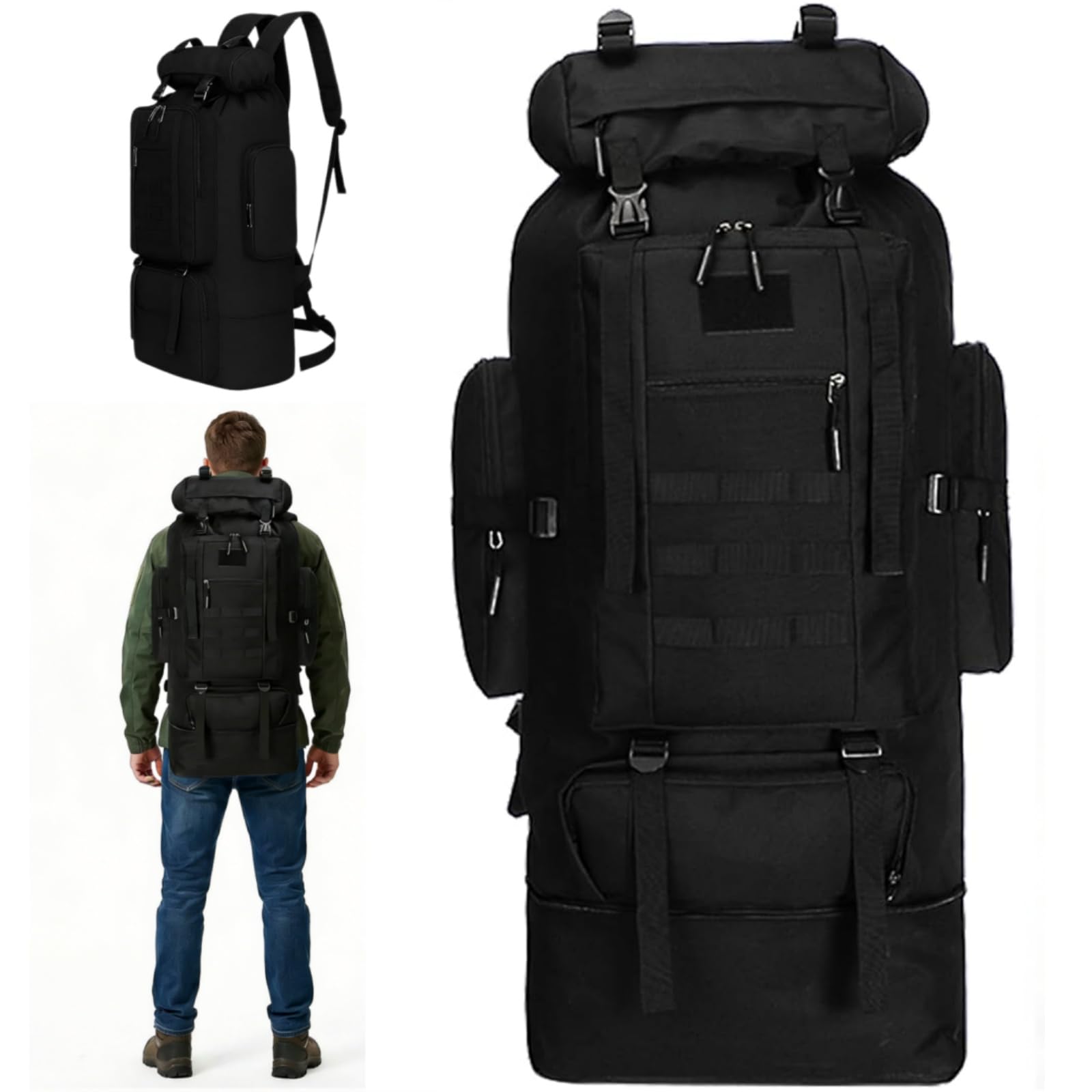 Goaste 100L Camping Hiking Backpack, Molle Military Tactical Rucksack, Waterproof Large Travel Daypack, Adjustable Survival Hunting Sports Bag for Men and Women Hiking, Camping, Touring(Black), Black,