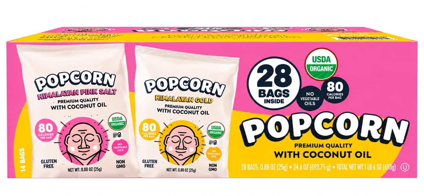 Organic Popcorn Variety Pack, Himalayan Pink Salt and Himalayan Gold, with Coconut Oil, 28 Bags