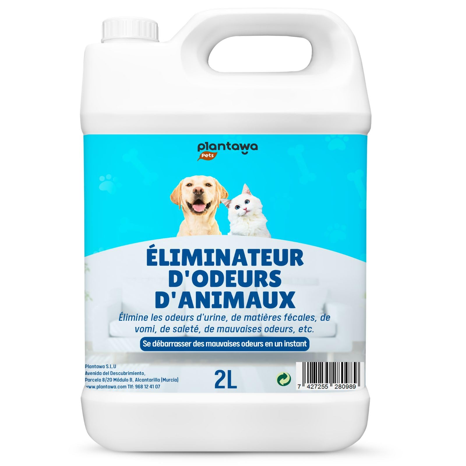 PLANTAWA Éliminateur instantané d'odeurs d'animaux domestiques 2L. Neutraliseur Enzymatique Odeurs Urine Fèces Vomissements. Intérieur et extérieur, Patio Jardin. Anti Odeur Urine Chiens Chats.