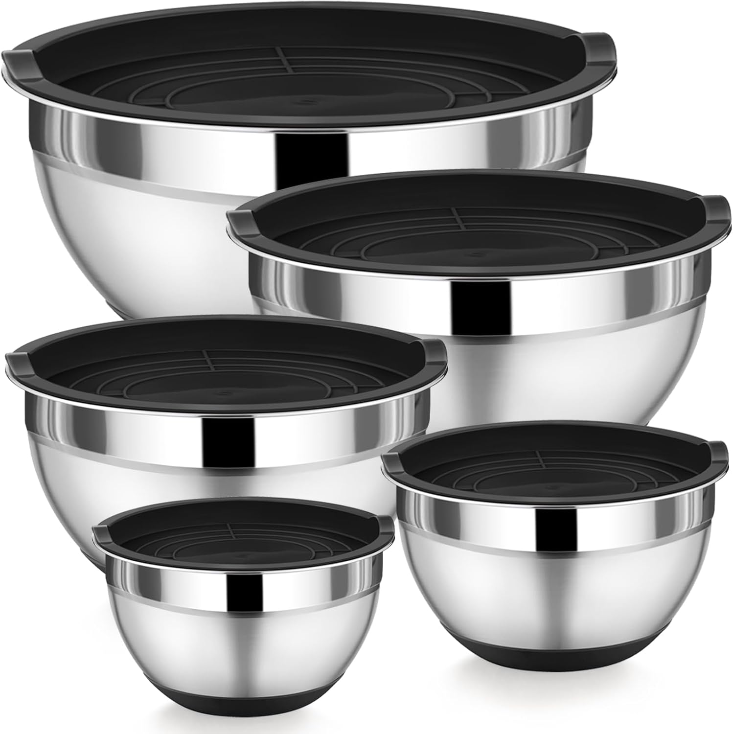 P&P CHEF Mixing Bowls with Lids Set of 5, Stainless Steel Nesting Salad Bowl with Lid & Base for Non-slip Mixing Prepping Storing Serving, 5 Sizes-7/3.5/2.5/1.5/1 QT, Black P&P CHEF Mixing Bowls with Lids Set of 5, Stainless Steel Nesting Salad Bowl with Lid & Base for Non-slip Mixing Prepping Storing Serving, 5 Sizes-7/3.5/2.5/1.5/1 QT, Black