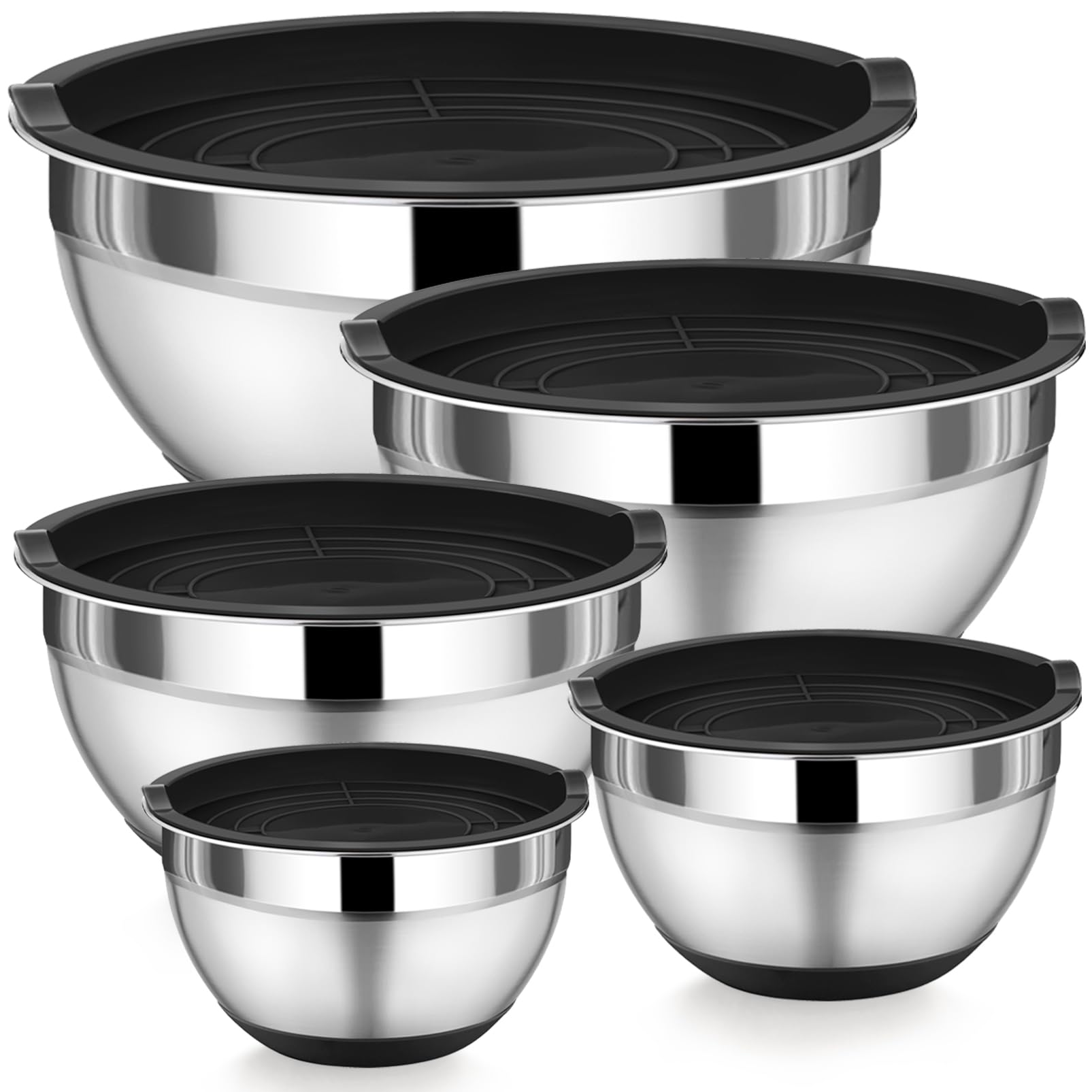 Set Di 5 Ciotole In Acciaio Inox Con Coperchi In Plastica E Base Antiscivolo - Misure Da 1,5 A 8 QT, Ideali Per Preparare, Mescolare E Conservare Cibo - 5