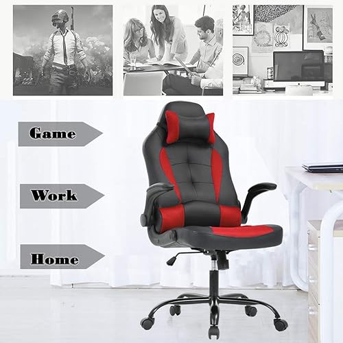 Miniatura 13 de Silla de oficina o para videojuegos, silla de escritorio con soporte lumbar, brazos abatibles y reposacabezas, giratoria, ajustable, de cuero